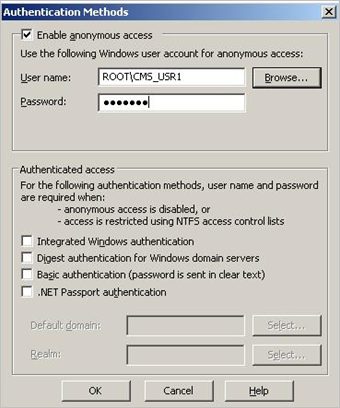 Authentication Methods dialog box where you can Enable anonymous access and enter the User name and Password, as well as set various Authenticated access options